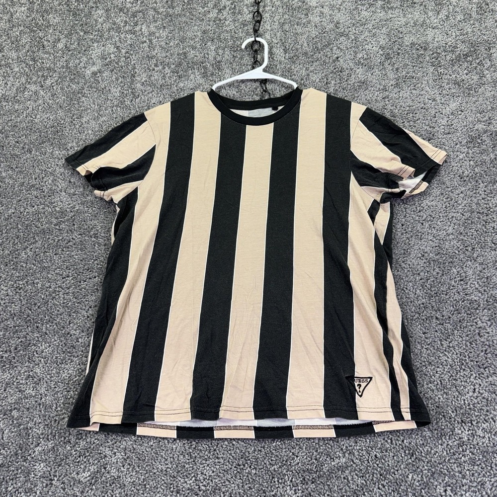 Guess Shirt Mens Large Black Beige Vertical Stripe Crew Neck Tee Tagless Casual